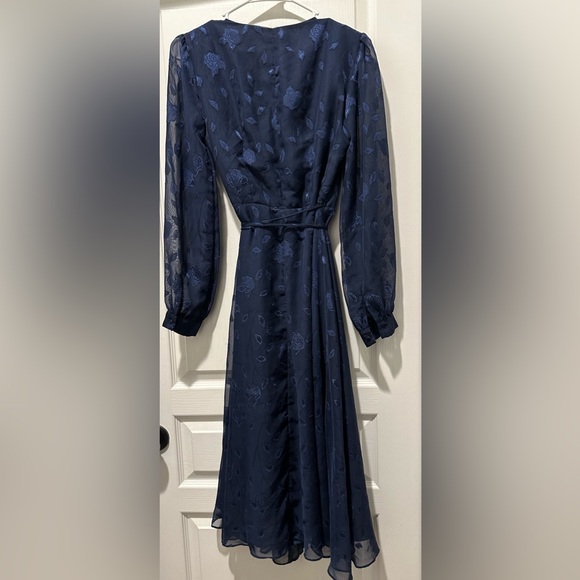 Lulu’s Evening of Elegance Navy Blue Floral Jacquard Burnout Wrap Midi Dress - Picture 6 of 12